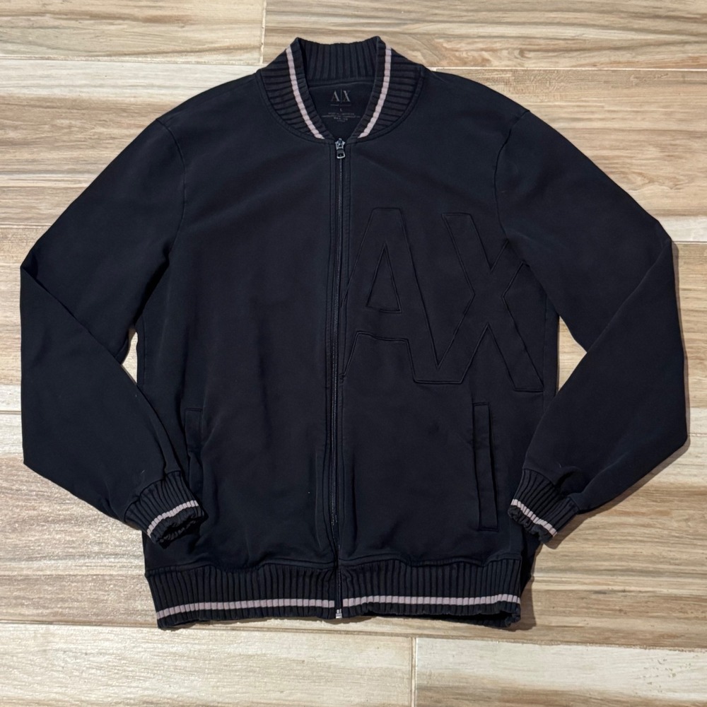 Armani Exchange Mens AX Logo Full Zip Track Jacket Black Large Ribbed Trim